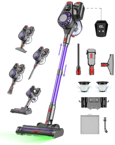 Aspirateur Balai Sans Fil - 40KPa 50Min 450W Aspirateur Sans Fil Puissant, 1,6L Aspirateurs Autoportante, Charge Murale, Brosse Anti-Emmêlement Aspirateur Balai pour Sols, Tapis et Poils D’animaux