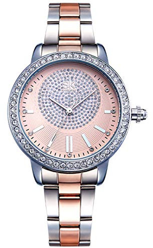 Alienwork Armbanduhr Damen Silber Edelstahl Metallarmband Roségold Strass-Steinen Glitzer Elegant