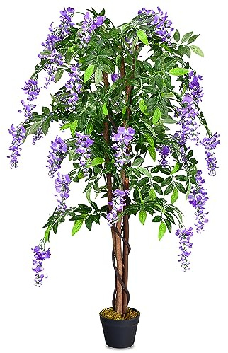 COSTWAY Konstträd med blommor, konstgjord växt i kruka, inomhusväxt med naturliga blad och 3 stjälkar, konstgjort träd, konstgjord blomma, lila, fällfällväxt konstgjord växt grön växt 150 cm