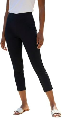 Roman Cropped Trousers for Women UK Ladies Capri Leggings Summer Pants Short Crop Stretch 3/4 Length Three Quarter Pedal Pusher Clothes Elasticated Bengaline Cut Off - Black - Size 10