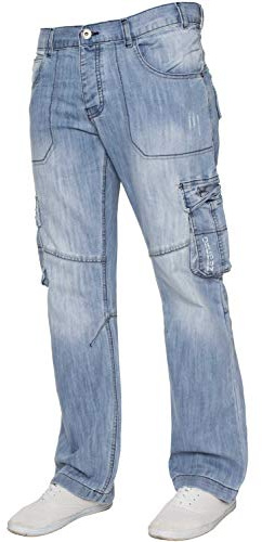 Ze ENZO Mens Regular Fit Heavy Duty Work Cargo Combat Utility Pants Jeans (34R, Light Wash)