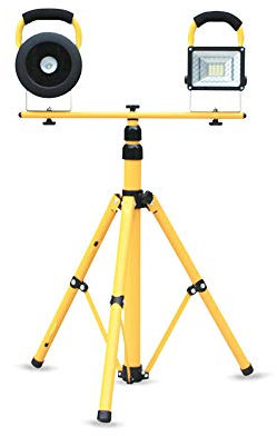 Trípode telescópico amarillo para 2 focos halógenos Ledstrahler pies reforzados para pedestal, trípode telescópico ajustable amarillo para 2 luces de inundación de trabajo LED