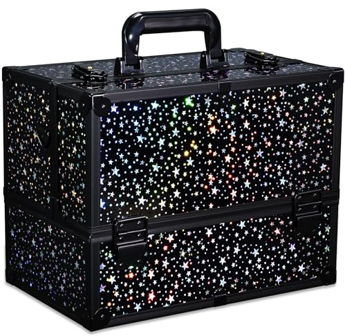 Joligrace Makeup Case Make up Box Large Vanity Case Extra Large Makeup Box Organiser Box Lockable with Shoulder Strap and Keys (Black Star)