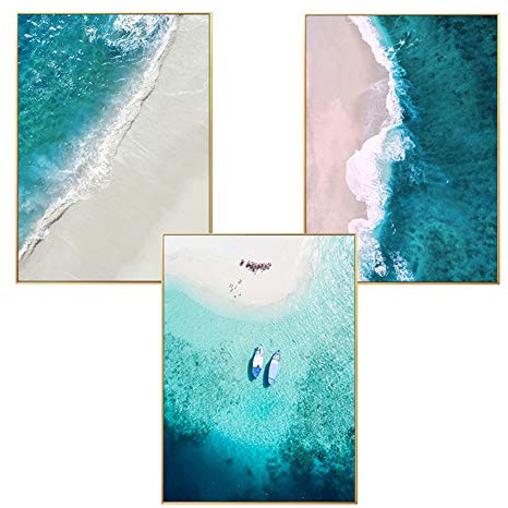 Martin Kench Stilvolles Poster 3er Set, Meer Strand Blau Waaer Posterset Leinwanddruck Bilder ohne Rahmen, Kunstdruck Print Bilder für Wohnzimmer (Stil C,50 x 70 cm)