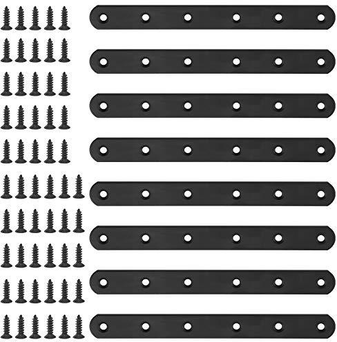 Glarks 8 conjuntos de placa de unión de 200 mm de metal negro para soporte de esquina plana recta con 55 piezas de tornillos para reparación de conector de fijación de muebles de madera (200x20x3 mm)