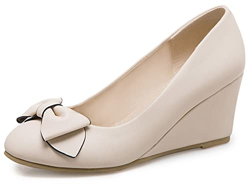 Escarpins Habillés Femme, Escarpins Compensées Mignonne Chaussures de Fête Talons Moyen Bout Rond Bowknot Beige Taille 42 EU