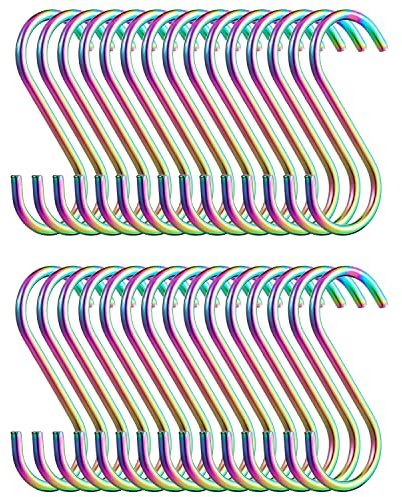 Evanda Rainbow S-Haken zum Aufhängen, 30 Stück, robuste Edelstahl-Titainium-Beschichtung, Metall, Mehrzweck-Kleiderbügel für Küchenpfannen, Töpfe, Utensilien, Tooks, Tassen, Tassen, Kleidung, Taschen