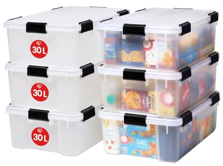 Iris Ohyama, Scatole Portaoggetti Ermetiche in Plastica, 30L, Set di 6, Trasparente, Coperchio Impermeabile, con Chiusura, Impilabile, Per Esterni, Garage, Vestiti, Antipolvere, Senza BPA, AT-LS