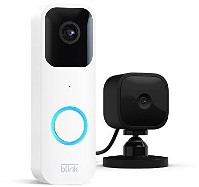 Blink Video Doorbell + Blink Mini (Black) | Two-way audio, HD video, long-lasting battery life, motion detection, chime app alerts, Works with Alexa (White)