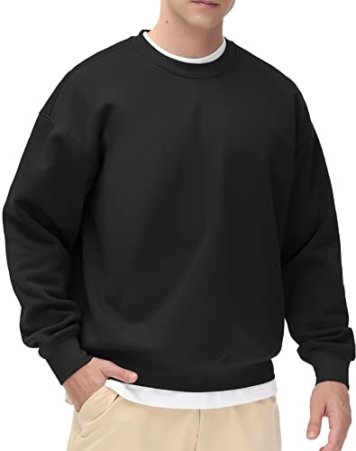 THE GYM PEOPLE Men's Fleece Crewneck Sweatshirt Thick Loose fit Soft Basic Pullover Sweatshirt(Black, Large)