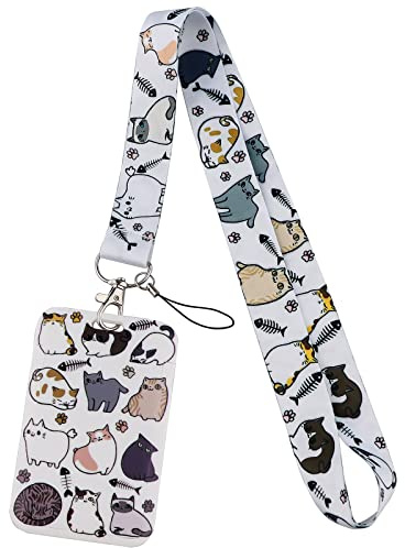 Juanooo Ausweis-Schlüsselband mit niedlichem Katzen-Motiv, für Schlüssel, Umhängeband für Damen, Mädchen, Kinder, Herren, Lehrer für Ausweise, Namensschild, Schlüsselanhänger, Schulausweis, Weiß
