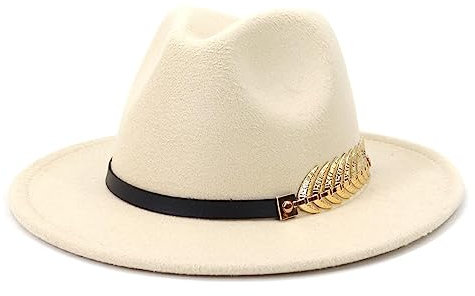GRFIT Fedora Trilby Filzhut Hut Freizeit Metal Leaf Damen Freizeithut Jazz Hut Mode Retro Zylinder Damen Trend Verstellbar Beige