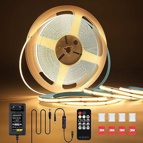 KWODE COB LED Streifen 3000K warmweiß, 8M 312LEDs/M Dimmbar COB LED Strip, 24V DC Flexibel Lichtleiste mit Netzteil und RF Fernbedienung für Indoor Wohnzimmer Schlafzimmer Küche DIY Dekoration