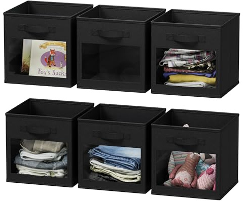 SpaceAid Storage Cubes with Clear Windows, Set of 6 Fabric Bins, 11 Inch Foldable Baskets Boxes for Closet, Cubby Shelf or Cube Storage Organizer, Black