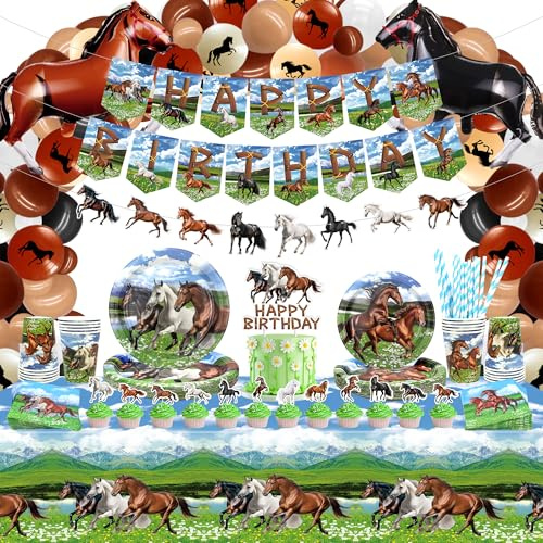 Pferde-Geburtstagsparty-Dekoration – Pferde-Partygeschenke, Teller, Tassen, Servietten, Tischdecken, Happy Birthday-Banner, Tortenbogen zum Thema Pferderennen (L)