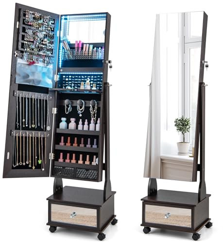 RELAX4LIFE Armoire à Bijoux à Roulettes avec Miroir Pleine Longueur, Angles Réglables, Miroir Bijoux avec Lumière LED 3 Couleurs, Armoire à Bijoux Mobile avec Verrouillage à Clé (Café)