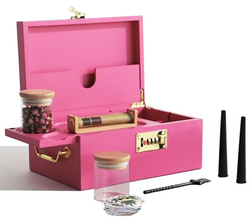 HINITOYOU Bamboo Stash Boxes with Combination Lock, Upgraded with Metal Carrying Handle Home Decorative Storage Box,Bamboo Wooden Roller for Coffee Beans, Spices, Seasonings (Rose)