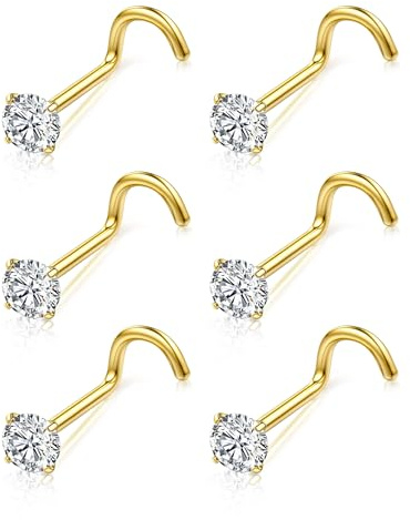 Chriscoco G23 Titan Nasenpiercing Stecker Nasenstecker Nostril Piercing | 18G/20G Piercing Nase Gold Silber für Damen Herren,3mm CZ Nasenpiercing Set,L Form Screws Nose Piercing