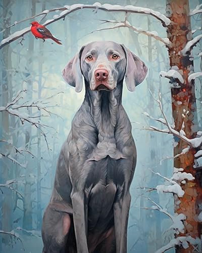 ZMHZMY Malen nach Zahlen Erwachsene,Weimaraner Hund und Vogel, verschneiter Wald 40 x 50cm DIY Handgemalt Ölgemälde Kits auf Leinwand Geschenk für Weihnachten Geburtstag, Home Haus Deko