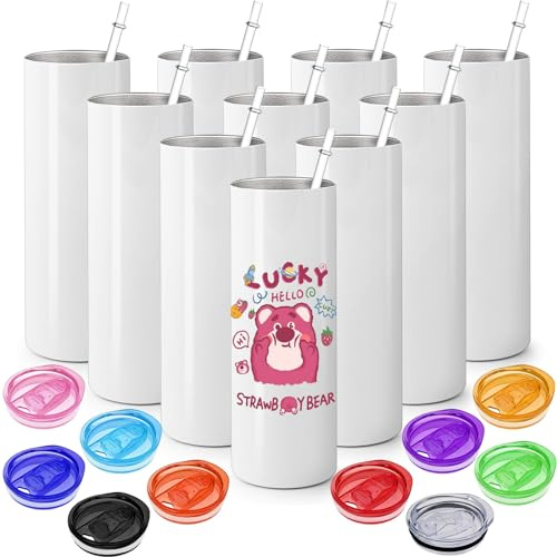 TESIN Lot de 10 gobelets à sublimation vierges et fins de 591 ml avec couvercles colorés, isothermes à double paroi en acier inoxydable pour machine à presse à gobelets