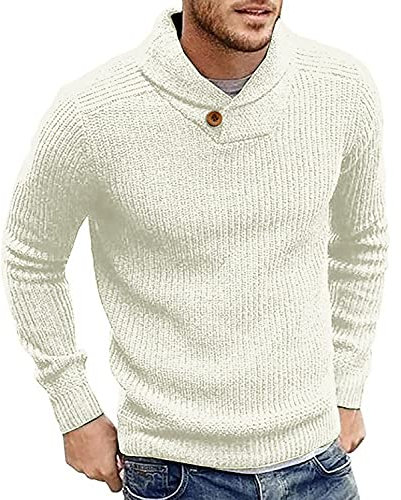 Runcati Maglione da uomo con collo a scialle, maglia fine, maglione invernale elegante, vestibilità regolare, bianco, M