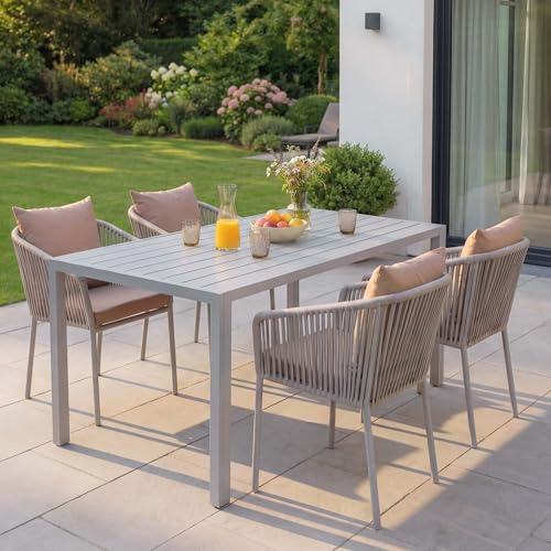 Mendler Gartengarnitur HWC-N41 Tisch+4xStuhl - grau Kissen Taupe | wetterfest, Seilgeflecht, Rope, Alu, 140x80cm