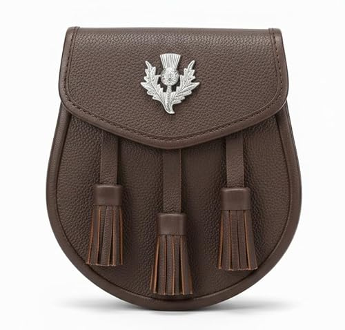 FITWORTH Sporran aus Leder mit Distel und 3 Quasten, eleganter, stilvoller schottischer Kilt-Sporran mit Kettengürtel, Braun