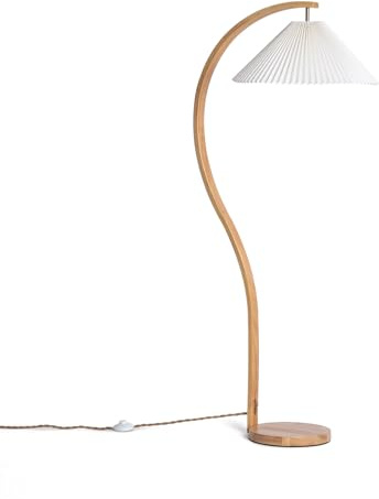 LEDKIA Stehlampe Holz Luanda Weiß | Natürliches gebogenes Design | E27 220-240 V AC | IP20 Innenraum | Holz und verstärkter PC | Höhe 1465 mm