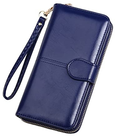 LVUNZJCA Damen Geldbörse Oilskin Wallet Long Dreifache Handytasche Frauen Zipper Coin Bag(Dark blue)