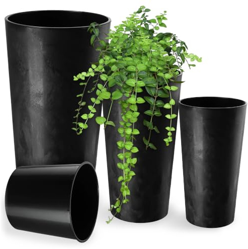 KADAX Lot de 3 Flower Pot with Wood Chips, Elegant Planter with Removable Insert, Flower Pot Protector for Office, Flower Pot, Garden Bowl (Black Concrete)