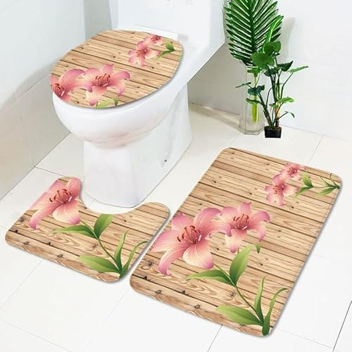Bad Teppiche Set Pink Flower Retro Badezimmerteppich Waschbar WC Vorleger mit Ausschnitt und WC Deckelbezug 3 Teilig Badematte rutschfest Toilettensitzbezug Badgarnitur 45x75 cm