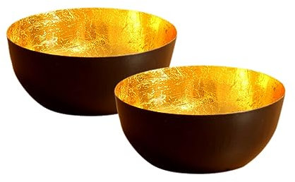 Portavelas de metal de 13 cm, color negro mate e interior dorado, juego de 2 unidades, cuenco en diseño oriental, decoración para mesa