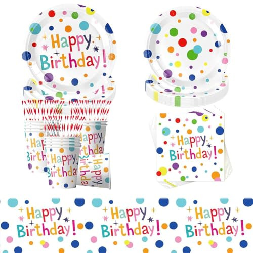 Juego de vajilla de fiesta de arco iris, 61 piezas con temática de arco iris, suministros de fiesta de feliz cumpleaños, coloridos popotes de papel reutilizables, platos, servilletas, vasos de papel,