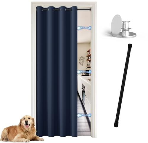 JCyh Tür Vorhang innen mit Stange und Magnetknopf, Türvorhang ohne Bohren für Küche/Schlafzimmer/Wohnzimmer/Abstellraum, Türvorhang Dunkelblau + Teleskopstange Schwarz 70-128 cm