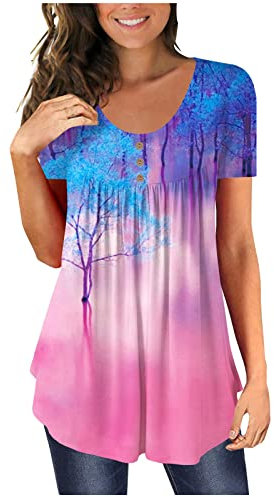 Tshirt Damen Weich Bequem, Sommerliches T-Shirt Mit Blumendruck Und Knopfleiste Kurzärmlig Rundhalsausschnitt, Shirt Top Casual Fashion, Oberteile Elegant Schick, Bluse Leicht Und Luftig