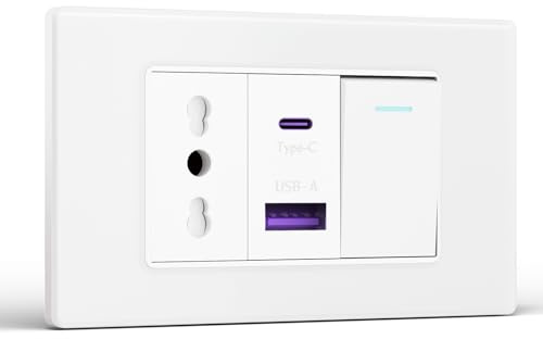 BSEED Presa Elettrica da Muro Bipasso con Interruttore 1 Gang 1 Via, Carica Rapida 20W, USB A e USB C, Bivalente 10A/16A 118mm per Ufficio e Casa, Bianco