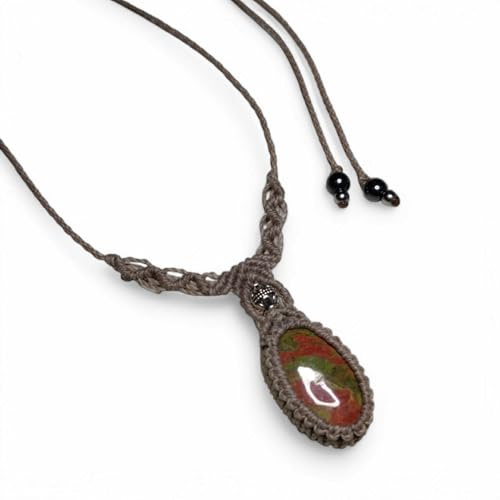 Collier Unakite Femme – Micro-Macramé Fait Main – Fil Ciré Résistant – Pierre Naturelle pour Méditation et Bien-Être – Bijou Reiki