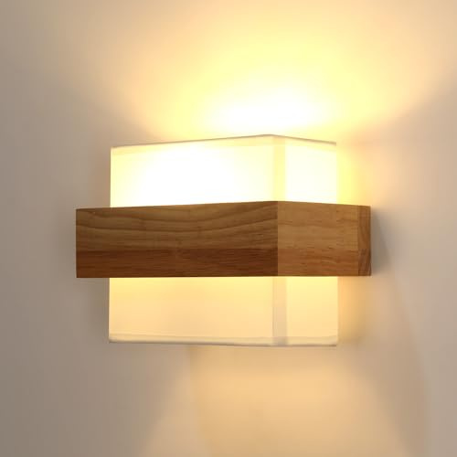 Riserva Wandleuchte Innen Holz E27, Quadratisch, Stoff Lampenschirm