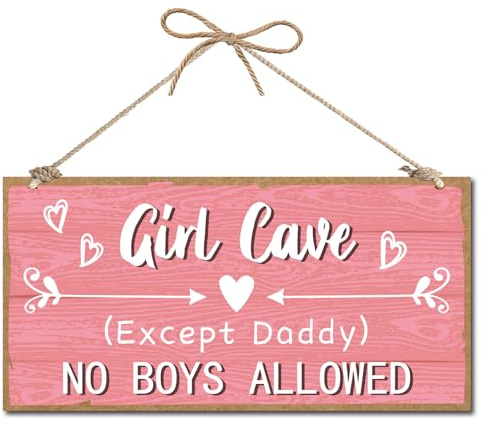 CREATCABIN Letrero de Madera Colgante para Cueva de Mujer, Color Rosa, Resistente Al Agua, Impresión para Da, Mujeres, Hombres No Permitidos Excepto Padre, Decoración de Pared Y Puerta con Cordel de Y