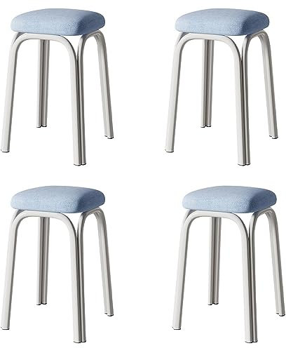Metal Stacking Stools Set of 4 Upholstered Square Bar Stools with Non Slip Foot Mat Backless Stool with Metal Legs Portable Barstools for Kitchen Bistro and Office Supports Up to 250kg Blue