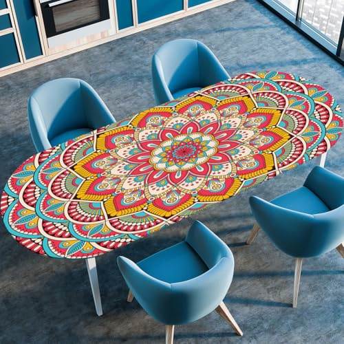 Highdi 3D Elastische Tischdecke Oval Abwaschbar, Spanntischdecke Oval Gartentischdecke Outdoor Tischdecke mit Gummizug für Esszimmer, Küche (Weinlese-Mandala 9,107x152cm)
