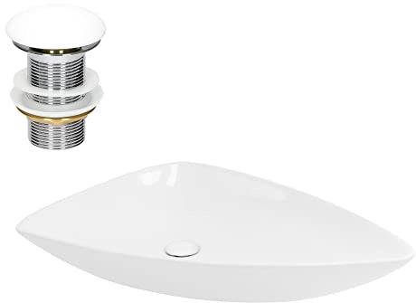 LuxeBath Lavabo d' Appoggio in Ceramica Bianco Lucido Triangolare 690x460x130 mm Lavandino Design Moderno Minimalista Lavello Lavamani Sanitari Arredo per Bagno Toilette WC incl. Piletta Push-Open