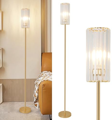 Rayofly Oro Lampada da Terra per Soggiorno, Lampe da Terra in Cristallo Moderno con Paralume in Vetro, Lampe da Terrazza in Cristallo con Interruttore a Pedale, Angolo Lambada per Camera da Letto