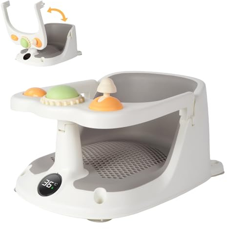 Vinteky Baby Badesitz Badewannensitz Sitzhilfe grau, Ab 6 Monate, Rutschfeste und hoher Sitzkomfort 360° Rundumschutz, mit Activity-Board&Temperaturfühler&4-starken Saugnäpfen