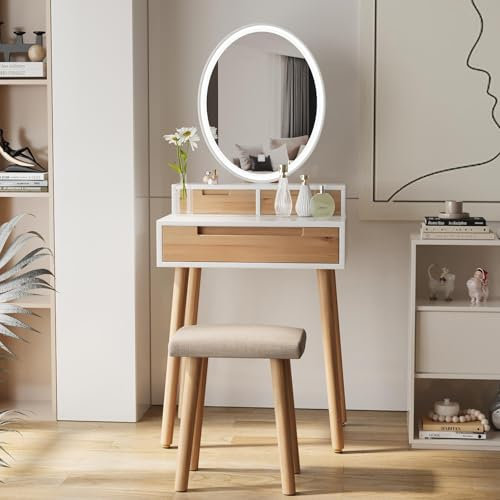 YU YUSING Schminktisch mit LED Beleuchtung und Spiegel, Frisiertisch Kosmetiktisch mit 3 Schubladen Hocker, Einstellbare Helligkeit, 60 cm Make Up Vanity für kleinen Raum, Schlafzimmer, Holzfarbe