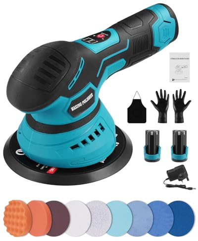 Lucidatrice per auto, batteria eccentrica, lucidatrice con 2 batterie, 8 velocità variabili, 2500 – 5500 prm, set da 14 pezzi, lucidatrice per auto per la cura dell'auto, lucidatura/lucidatura