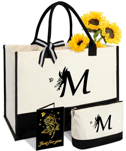 Personalized Gifts for Women - Initial Canvas Tote Bag with Makeup Bag - M
