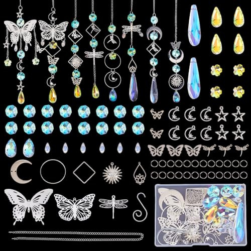 SUNNYCLUE 1 caja DIY 8 juegos de Atrapasoles Kit DIY Mariposa Atrapasueños Cristal Mariposa Libélula Flores de Loto Luna Estrella Arcoíris Kit para Hacer con Cadenas Ganchos para Jardín Ventanas Decor