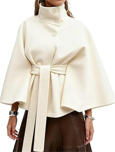 INLANDSIS Women's Batwing Sleeve Ponchos Turtleneck Wool Blend Winter Fall Trench Coat Trendy Stylish Loose Cropped Button Down