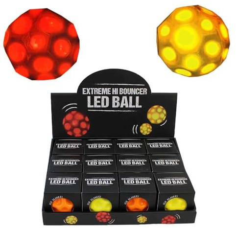 BEMIRO Extreme Hi Bouncer LED Ball Set, 12 Springbälle im Display, Orange & Gelb, Gummi, Ø 6,5 cm, Hochspringend, für Kinder ab 3 Jahren, Mitgebsel für Kindergeburtstage